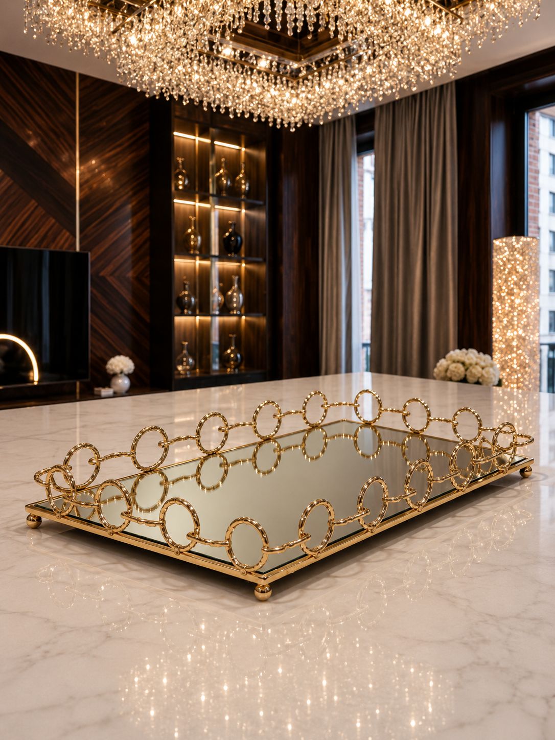 Plateau Miroir Doré, Chaîne d'Éclat Précieux 46 * 36 cm