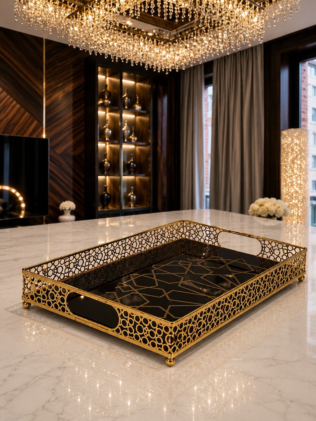 Plateau miroir noir et doré à motifs géométriques 46*36 cm