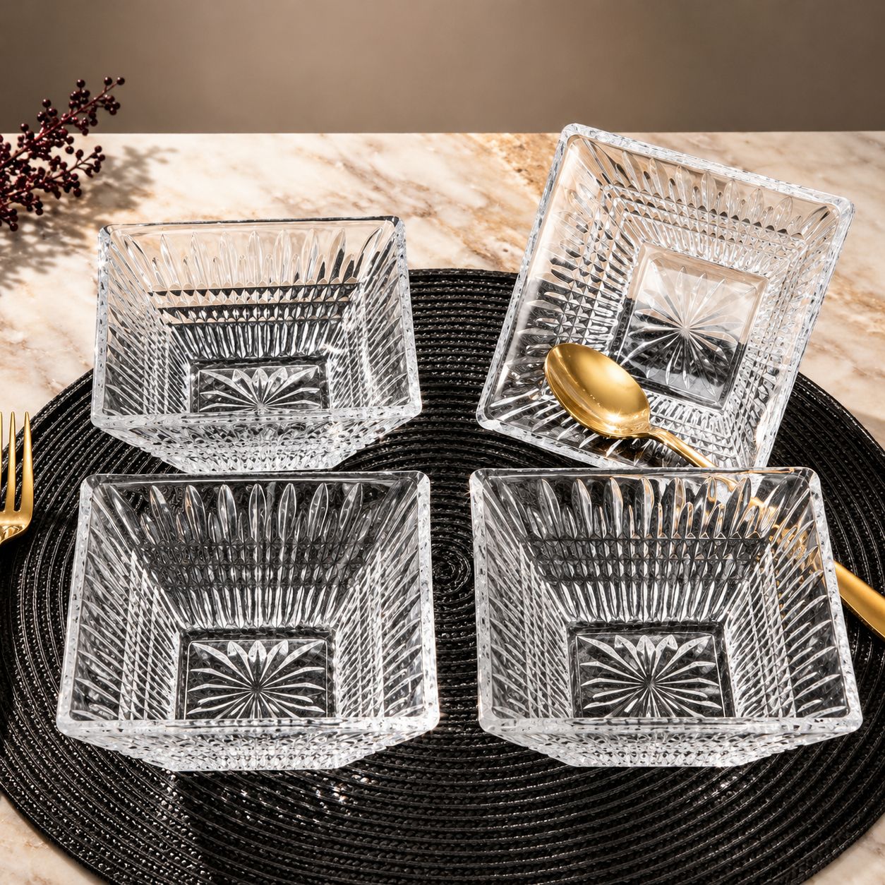 6 Coupes Carrées en Cristal Facetté Éclatant