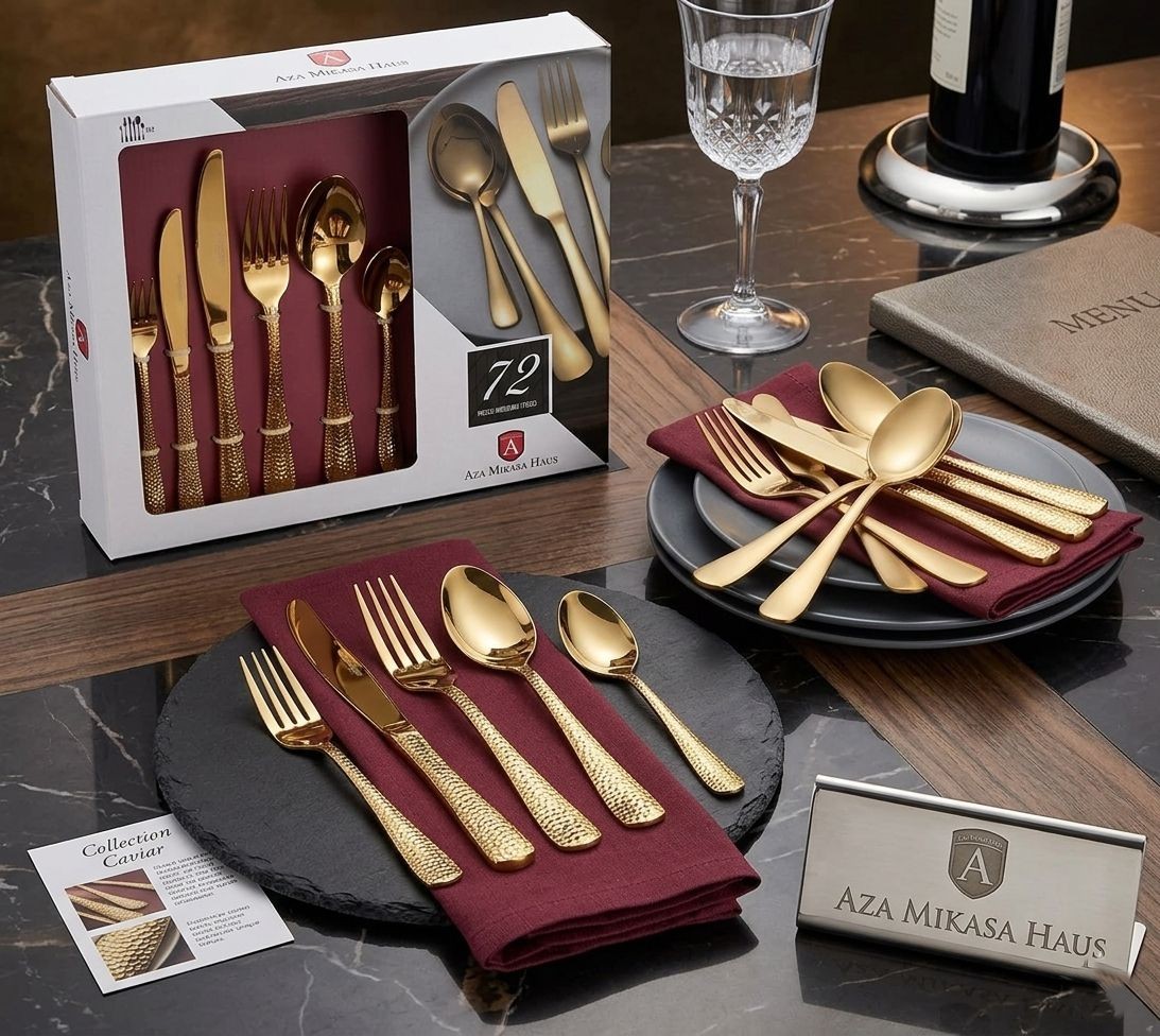 Collection Aza Mikasa Haus : Ménagère Dorée Prestige Or inoxydables inox 18\10 72 piéces