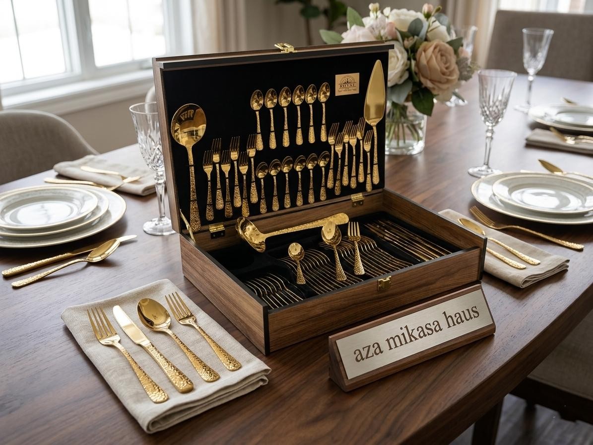 Service de Couverts 75 Pièces Dorés Texturés avec Coffret en Bois – Aza Mikasa Haus