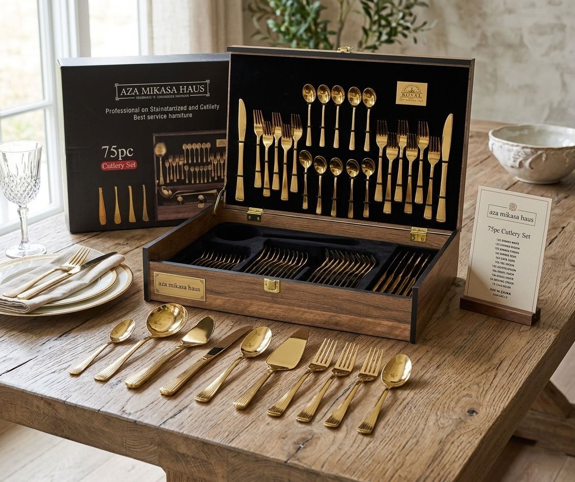 service couverts chic décoratifs dorés 75 pièces avec coffret en bois - Aza Mikasa House