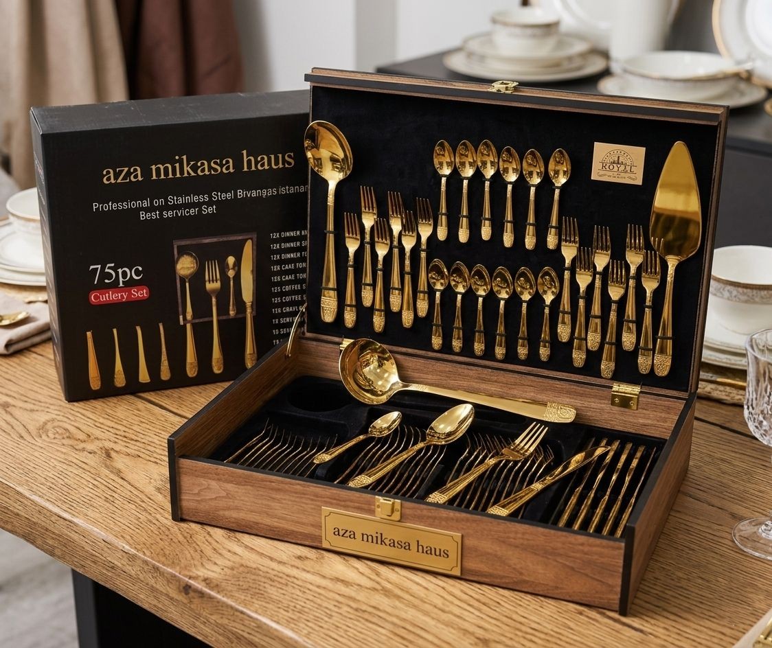 Ensemble de Couverts de Table Haut de Gamme Dorés (75 pièces) – Aza Mikasa Haus