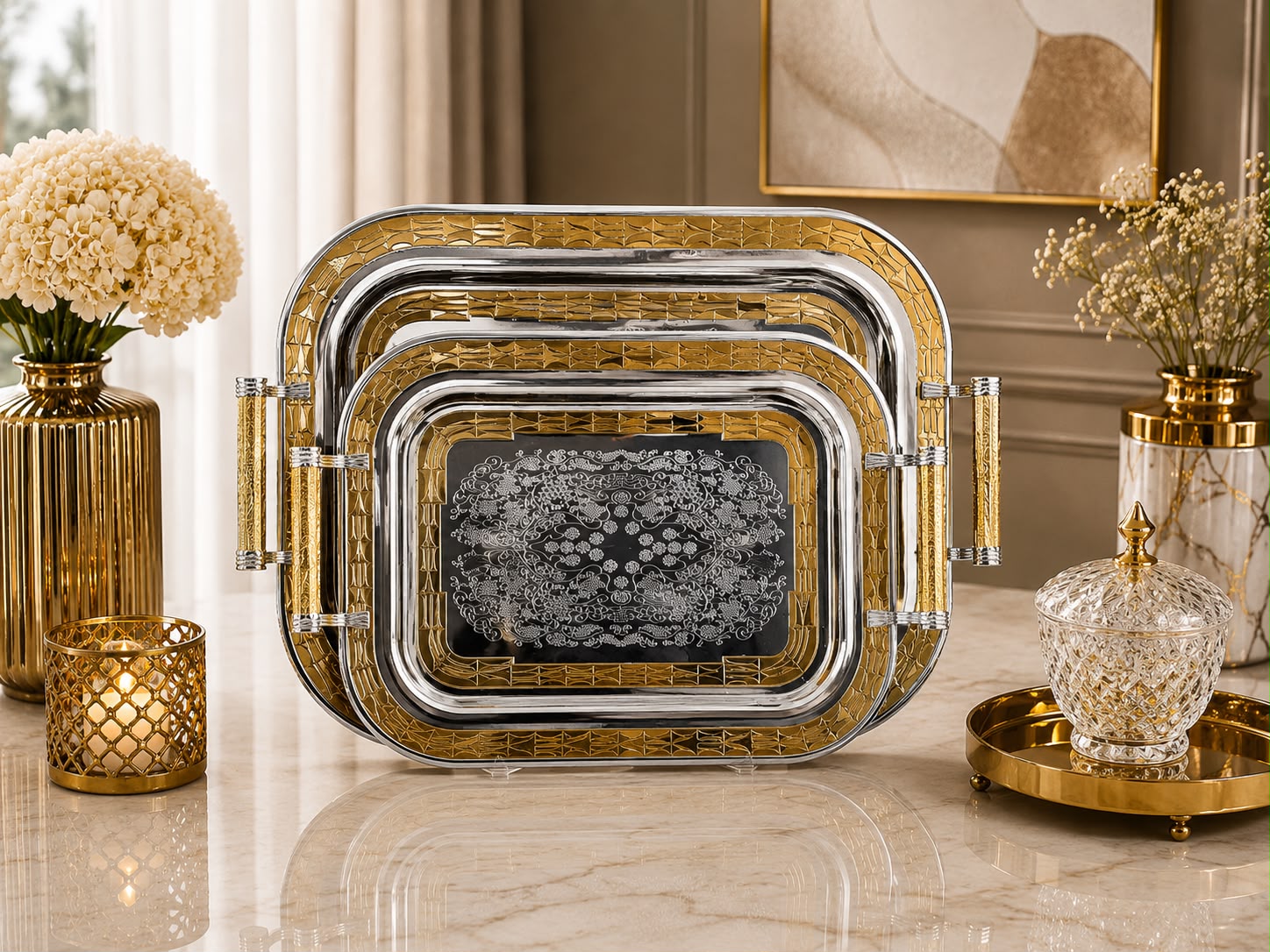 Ensemble de Plateaux de Service Majestueux Or & Argent